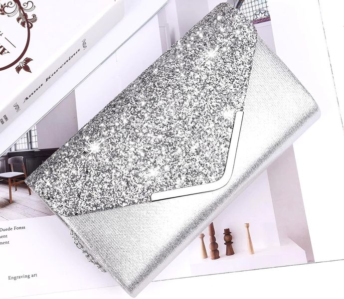 Srebrna Torebka Kopertówka Błyszcząca Wizytowa zdjęcie 10