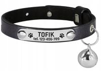 Obroża Skórzana dla Kota Psa dzwonek GRAWER Identyfikator CZARNA (S)