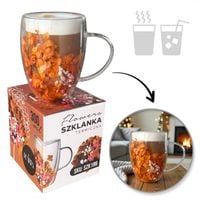 szklanka termiczna z kwiatami w środku, gipsówka, hortensje, pomarańczowy