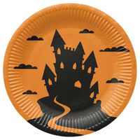 Talerzyki papierowe pomarańczowe nawiedzony dom Halloween, 23 cm 8 szt.