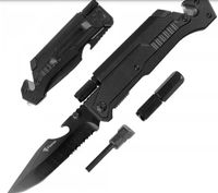 Nóż składany ratowniczy, mini latarka, krzesiwo, zbijak, czarny