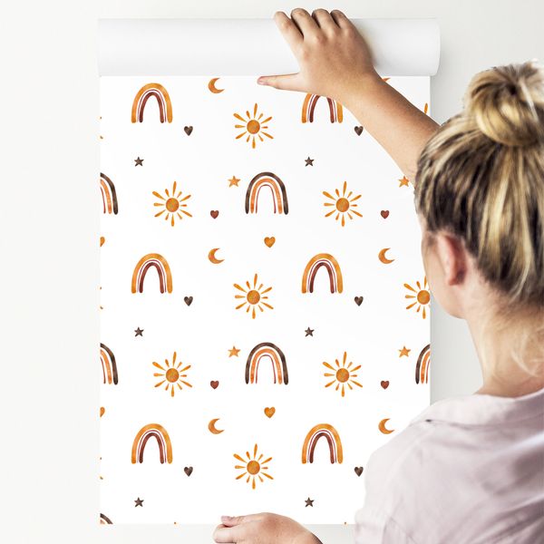 Tapeta Ścienna Do Pokoju Dziecka TĘCZE Gwiazdy Słońce Akwarela Styl Boho zdjęcie 3