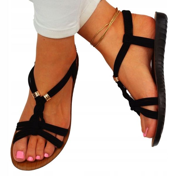 SANDAŁY DAMSKIE CZARNE Z GUMKAMI ELEGANCKIE NISKIE zdjęcie 2