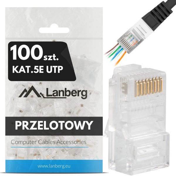 100X WTYK WTYKI KOŃCÓWKI WTYCZKA RJ45 8P8C UTP CAT KAT.5E PRZELOTOWE LANBER zdjęcie 1