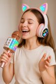 Zestaw SŁUCHAWKI NAUSZNE dla dzieci KOCIE MIKROFON KARAOKE BLUETOOTH (W096)