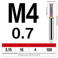 Frez do gwintowania jednoostrzowy Rozmiar: M4x0.7x100L - DLC