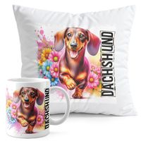 ZESTAW KUBEK + PODUSZKA DRUK - PIES PIESEK RASA JAMNIK DACHSHUND HOT DOG
