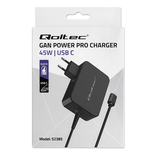 Qoltec Ładowarka GaN POWER PRO 1xUSB-C 45W 5-20V 2.25-3A Czarna na Arena.pl
