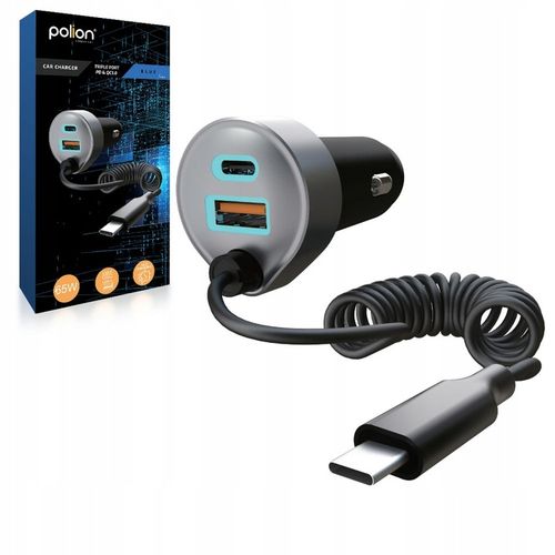 Mocna ładowarka samochodowa POLION USB-A 2xUSB-C 65W QC3.0 PD z przewodem na Arena.pl