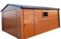 GARAŻ BLASZANY 4m x 5m poziom - dwuspad blachodachówka Brama uchylna - złoty dąb drewnopodobny TS217 4x5