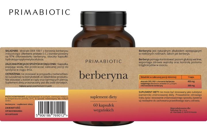 BERBERYNA HCL 400 Mg PRIMABIOTIC 60 kaps. Wątroba Metabolizm Odchudzanie zdjęcie 7