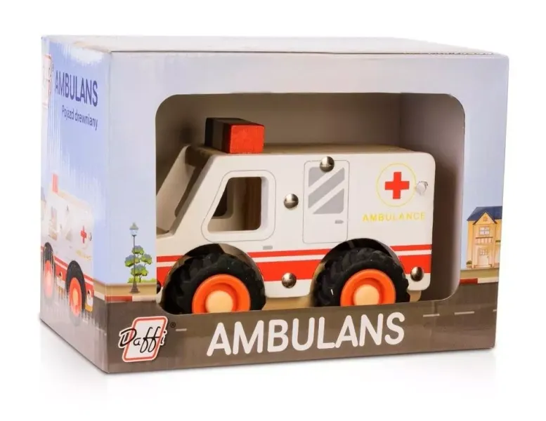 Drewniane auto z oponami - ambulans zdjęcie 1