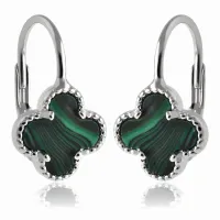 RODOWANE SREBRNE WISZĄCE KOLCZYKI CZTEROLISTNE KONICZYNKI ZIELONY MALACHIT