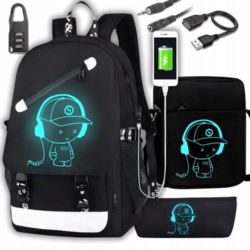 PLECAK SZKOLNY ŚWIECĄCY MŁODZIEŻOWY DUŻY A4 PIÓRNIK LISTONOSZKA SET3 USB na Arena.pl