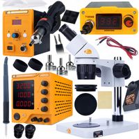 ZESTAW GSM MIKROSKOP STEREOSKOPOWY+ZASILACZ LABORATORYJNY 30V STACJA HOTAIR