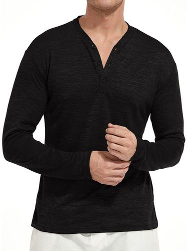 T-SHIRT MĘSKI V-NECK Z DŁUGIM RĘKAWEM Z GUZIKAMI CZARNY CASUAL SHEIN M na Arena.pl