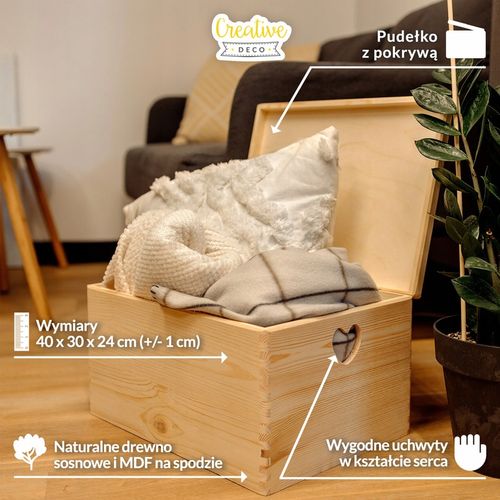 Pudełko drewniane z uchwytami w serca skrzynka do przechowywania 40x30x24cm na Arena.pl
