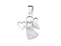 DELIKATNY RODOWANY SREBRNY WISIOREK ANIOŁ ANIOŁEK Z SERCEM BIAŁE CYRKONIE