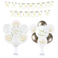 Zestaw balonów na stojaku z banerem I Komunia Święta eukaliptus