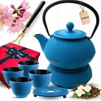 zaparzacz żeliwny dzbanek niebieski 900ml z podgrzewaczem i filiżankam