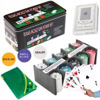 ZESTAW DO POKERA TEXAS ŻETONY 200 szt. DEALER BLIND KARTY 2 TALIE MATA ETUI