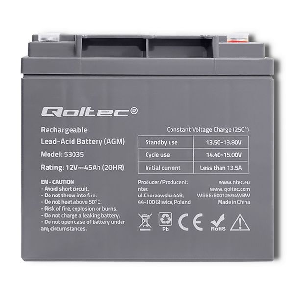 Qoltec Akumulator AGM  | 12V | 45Ah | max 540A zdjęcie 2
