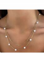 Naszyjnik z perełkami i kuleczkami podwójny ze stali ,pozłacany