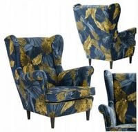 Fotel uszak skandynawski granatowy monstera złoty welur Print Family Meble