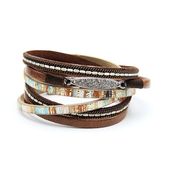 Bransoletka damska boho brazowa pioro krysztalki prezent 19,5 cm
