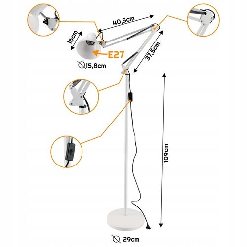 Lampka Lampa Podłogowa Stojaca LED 1xE27 185CM Stabilna + Regulacja na Arena.pl