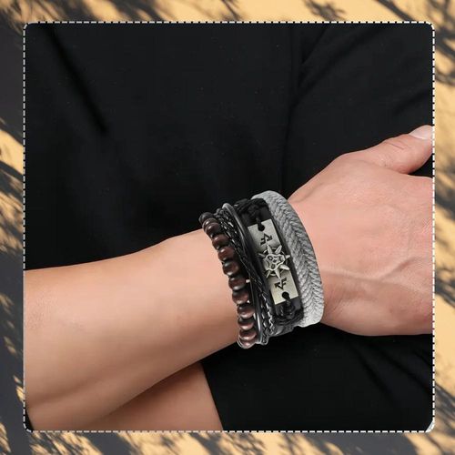Zestaw męskich bransoletek skórzanych z koralikami i czaszką na Arena.pl
