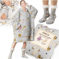 KOC BLUZA OVERSIZE GRUBA KOCOBLUZA Z KAPTUREM W KOTY FUTRZAK XXL + SKARPETY