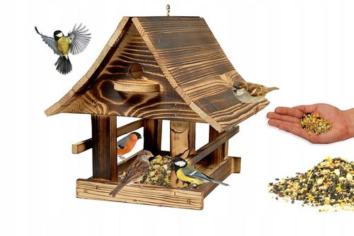 Drewniany KARMNIK XXL DLA PTAKÓW Solidny karmik opalane drewno na Arena.pl