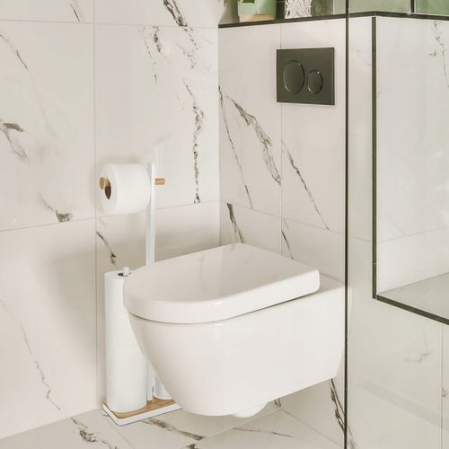 Stojak na papier toaletowy z uchwytem i szczotką WC biały bambus YOKA na Arena.pl