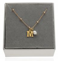 Złoty naszyjnik z literką M lub inna perła natura KAMIEŃ NATURALNY