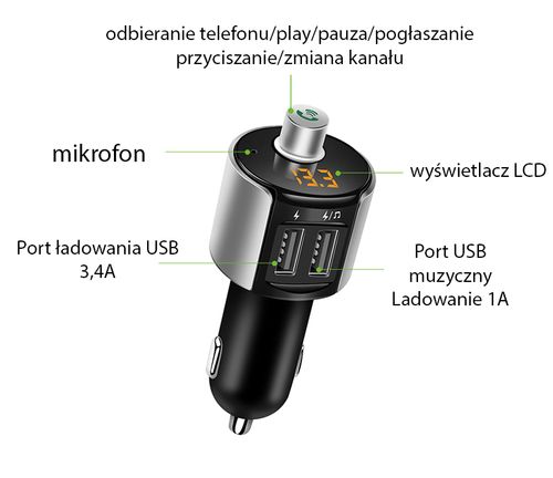 OBSERWUJ Transmiter FM 2xUSB BLUETOOTH MP3 ŁADOWARKA 3,4A na Arena.pl