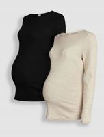 Jasnobeżowy i czarny - Zestaw 2 prążkowanych topów ciążowych JoJo L