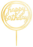 Topper na tort Happy Birthday okrągły lustrzany złoty 1szt
