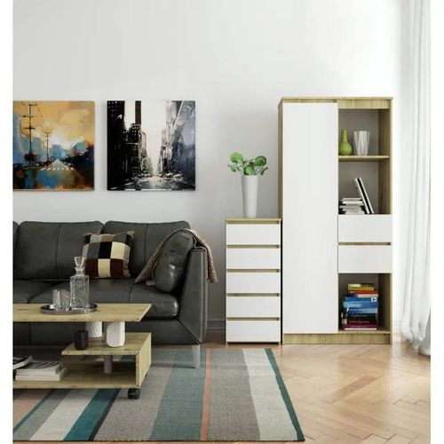 Wąska komoda, STILO, 5 szuflad, 40x35x92, biel, dąb artisan | TYLETEGOTU na Arena.pl