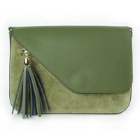 Skórzana torebka listonoszka Vera Pelle złote okucia,frędzelek, zamsz Zieleń VP113V