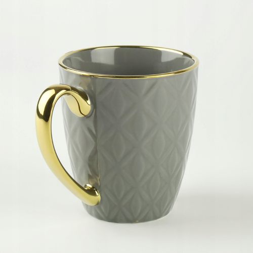 PORCELANOWY KUBEK NA KAWĘ HERBATĘ SZARY ZDOBIONY ZE ZŁOTYM UCHEM 360ML na Arena.pl