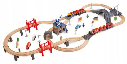 Drewniana Kolejka Elektryczna POCIĄG NA BATERIE x2 WAGONY TUNEL TOR Dźwięk na Arena.pl