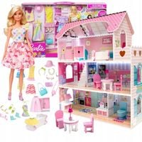 DUZY DREWANIANY DOMEK DLA LALEK LED MEBLE 70cm +LALKA BARBIE ZESTAW XXL
