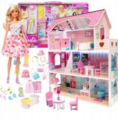 DUZY DREWANIANY DOMEK DLA LALEK LED MEBLE 70cm +LALKA BARBIE ZESTAW XXL