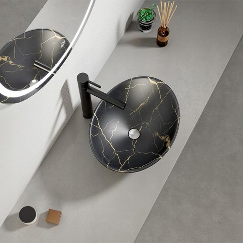 Umywalka nablatowa czarny mat marmur z żyłkami owalna ceramiczna 41x34,5 cm na Arena.pl
