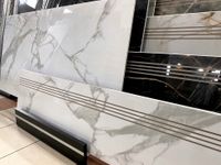 Płytki na schody 100x30 BIAŁY KAMIEŃ szare ŻYŁKI - komplet schodowy POŁYSK