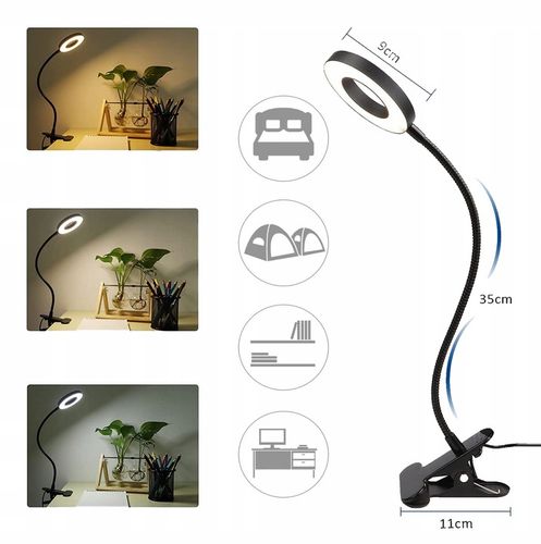 LAMPKA LED BIURKOWA KLIPS DO CZYTANIA USB 3 ODCIENIE ŚWIATŁA REGULACJA 360 na Arena.pl