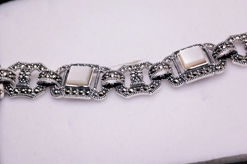 srebrna bransoletka z markazytami i masą perłową - bdm2866 na Arena.pl