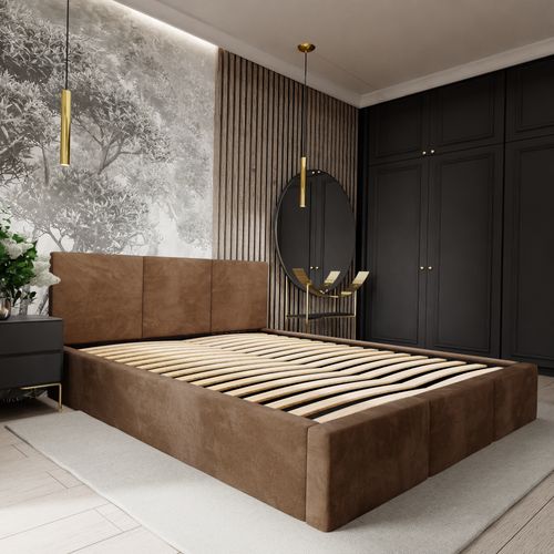 ŁÓŻKO TAPICEROWANE DO SYPIALNI 180x200 ŁÓŻKO PODWÓJNE Z POJEMNIKIEM BRĄZOWE na Arena.pl