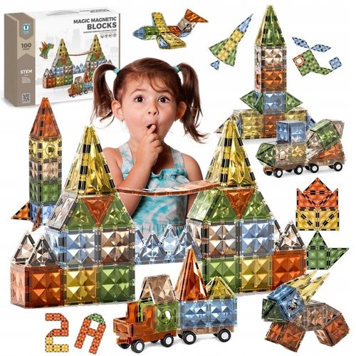 Klocki magnetyczne konstrukcyjne MEGA ZESTAW 100 el. DUŻE ELEMENTY podwozia na Arena.pl